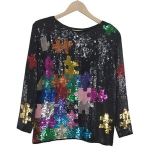 Vintage 80's Sequin Puzzle Piece Silk Colorful Blouse Glass Bead RARE Autism Med